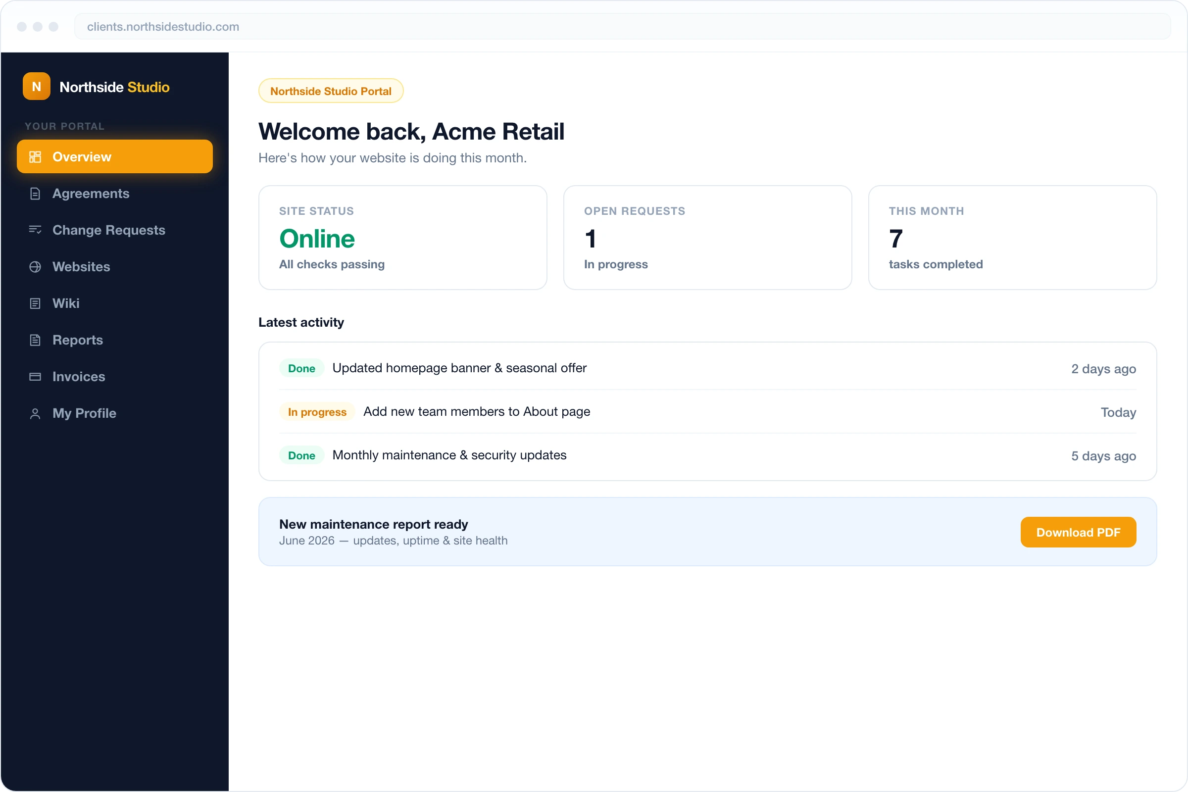 A white-label client portal branded as Northside Studio, showing the client their site status, requests, and a downloadable monthly report